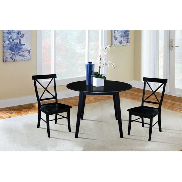 42 In. Solid Wood Round Dual Drop Leaf Dining Table With 2 Chairs In Black